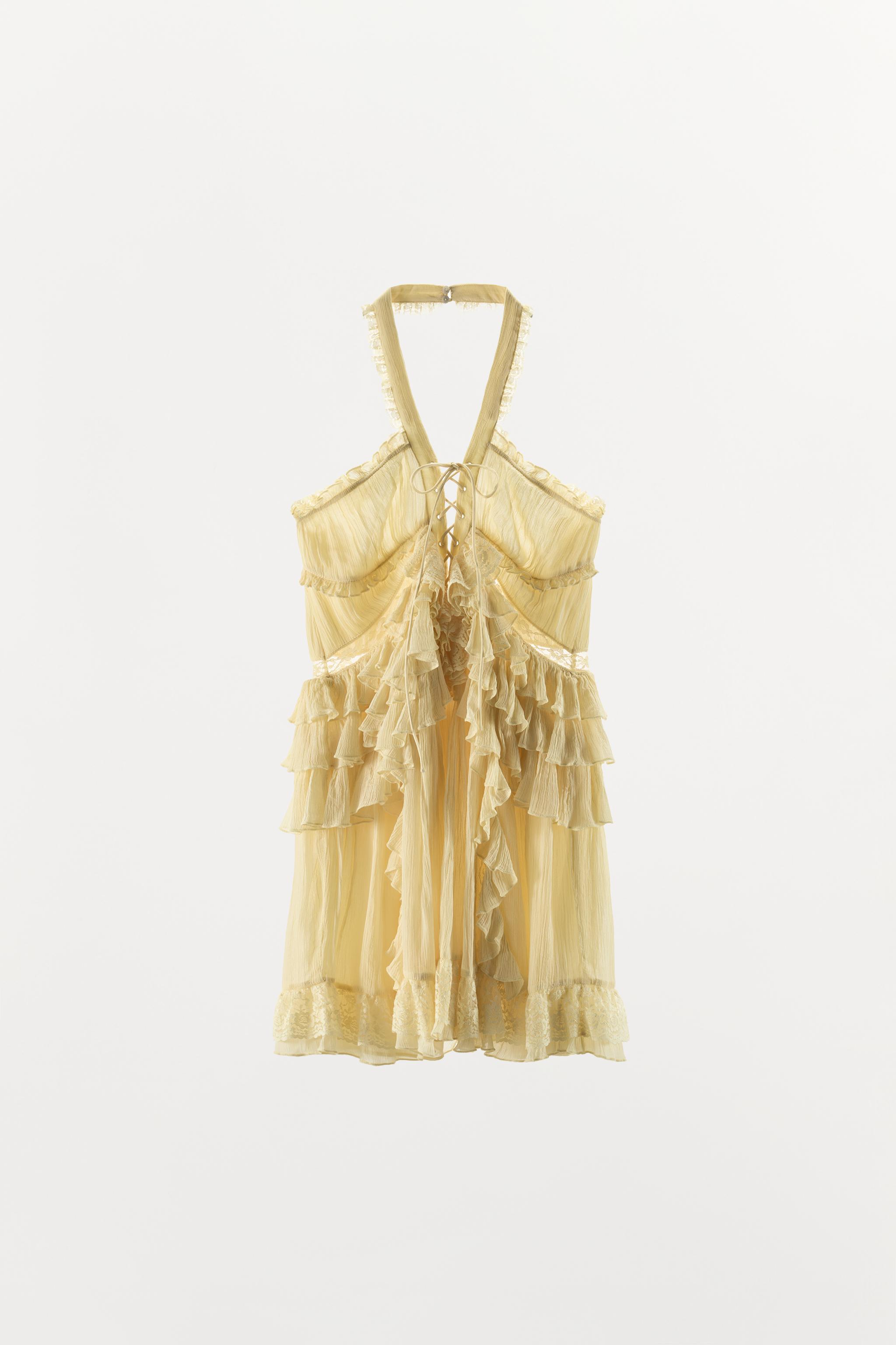 SHORT RUFFLED LACE HALTER DRESS